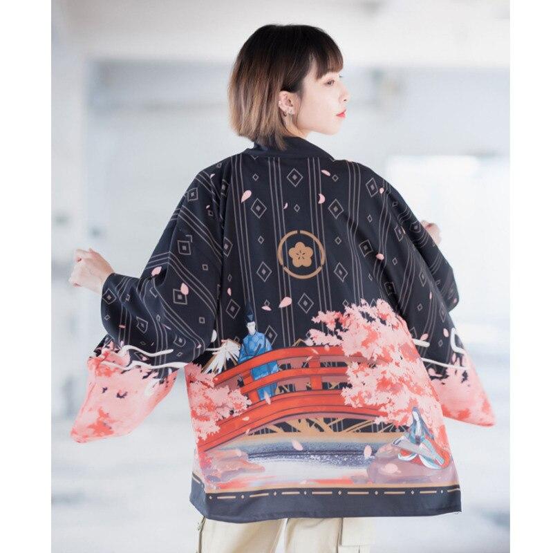 Haori Lovely Kimono Japanese Woman Printing Cherry Blossoms Cardigan Kimono Feminino Mujer 2020 Japanese Streetwear Cosplay Clothing