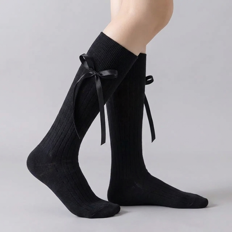 Ribbed Bow Knee-High Socks