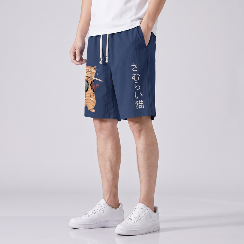 Japanese Samurai Cat Print Shorts