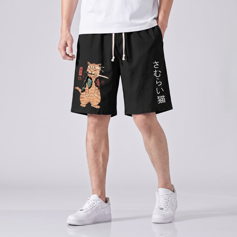 Japanese Samurai Cat Print Shorts