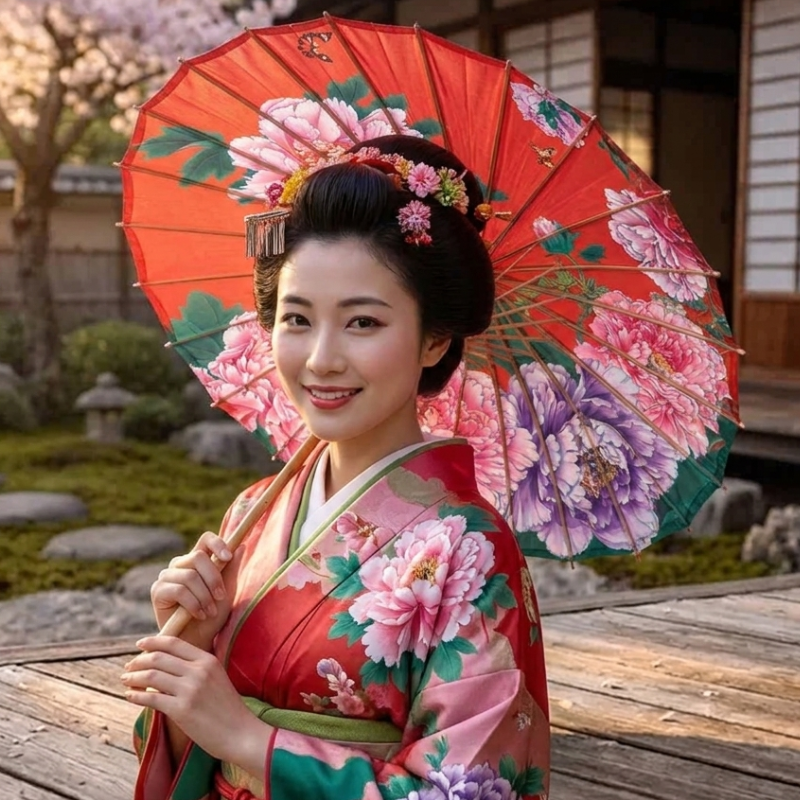 Red Peony Wagasa Umbrella