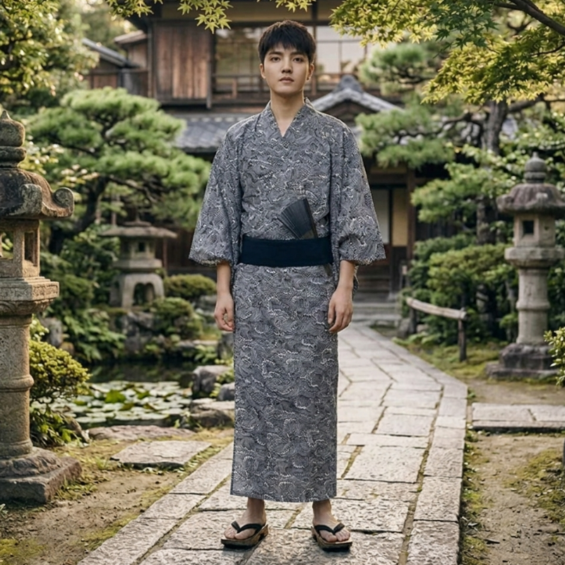 Wave-Print Yukata for Men
