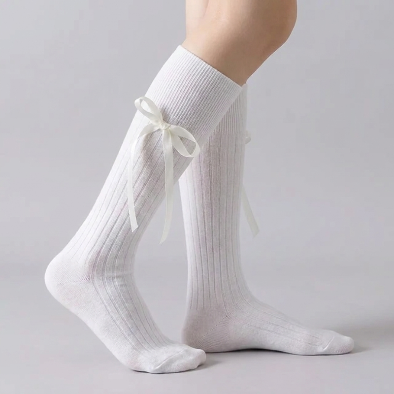 Ribbed Bow Knee-High Socks