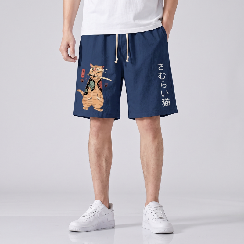 Japanese Samurai Cat Print Shorts