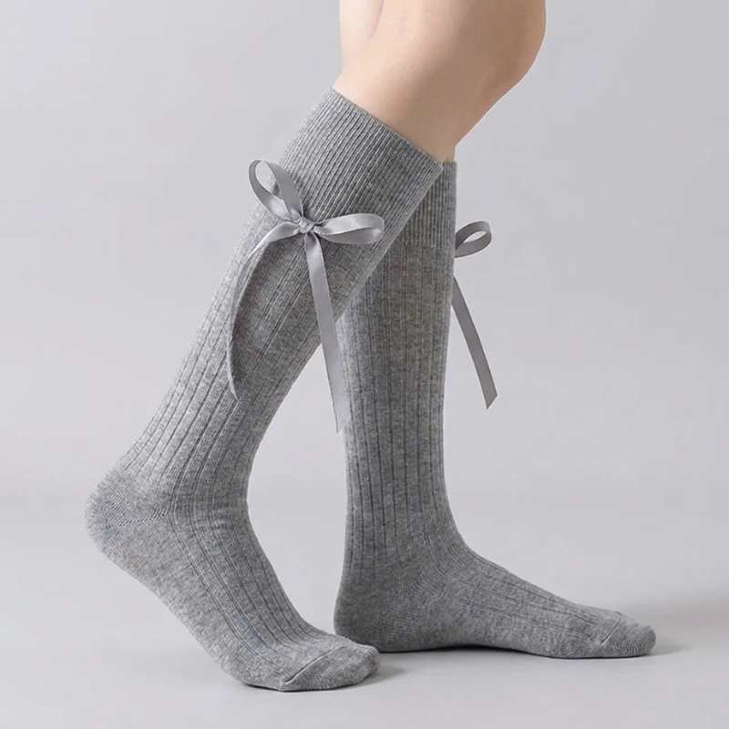 Ribbed Bow Knee-High Socks