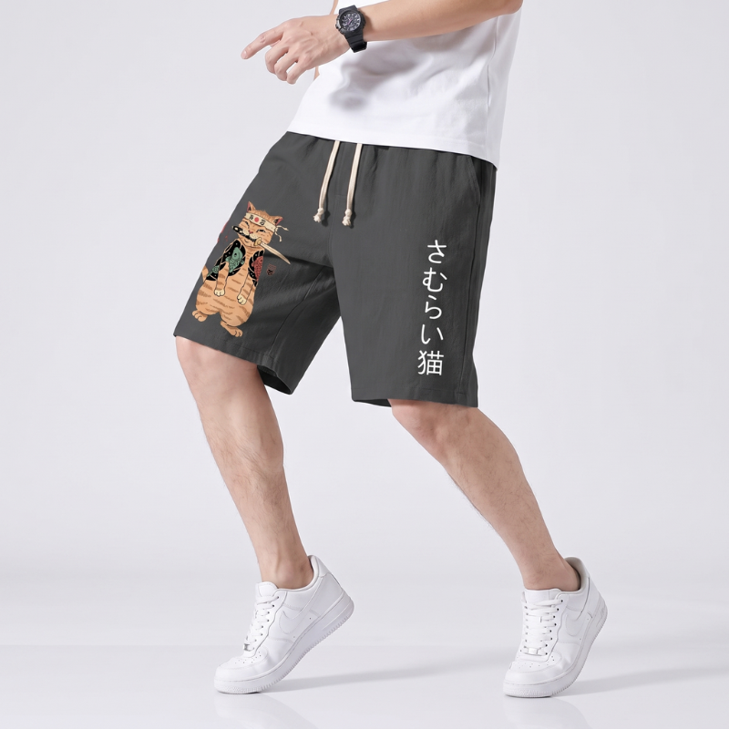 Japanese Samurai Cat Print Shorts