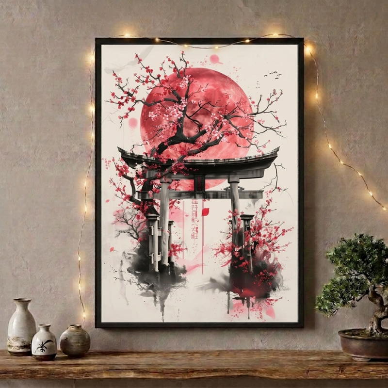 Torii Gate Red Moon Painting