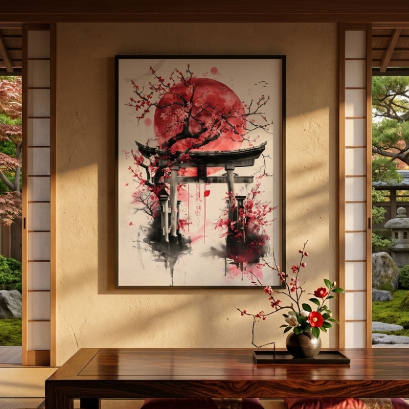 Torii Gate Red Moon Painting