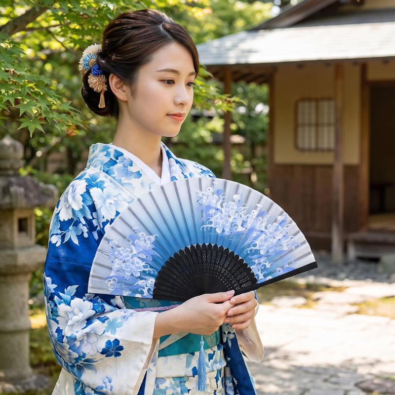 Blue Japanese Floral Fan