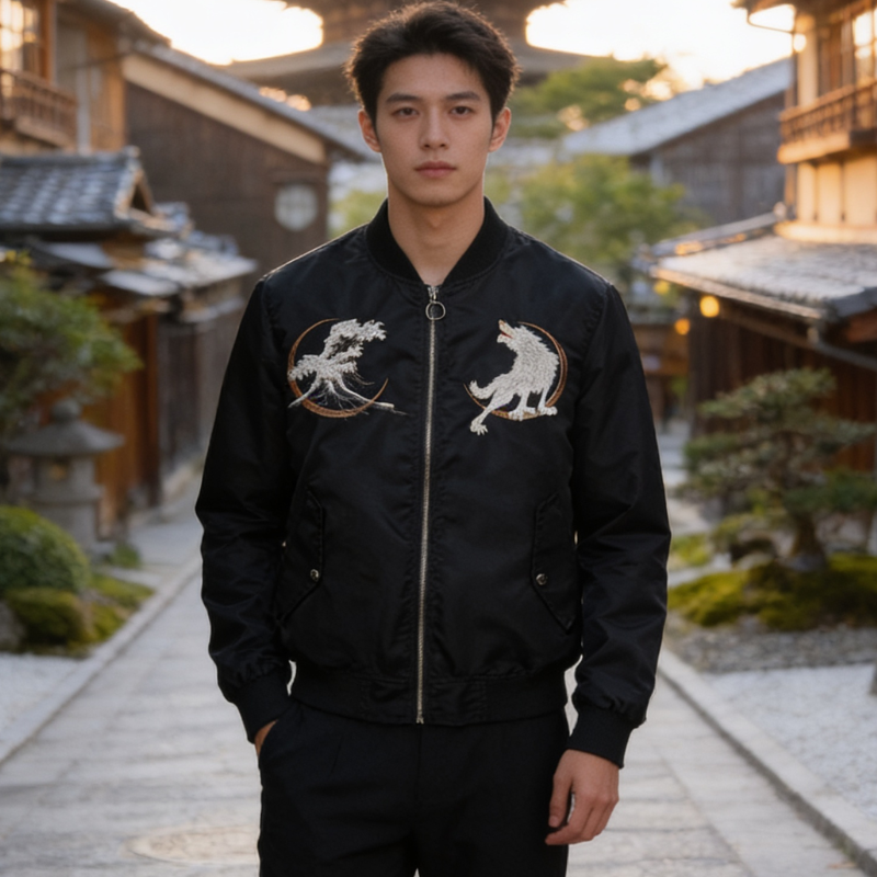 Wolf and Wave Sukajan Bomber Jacket