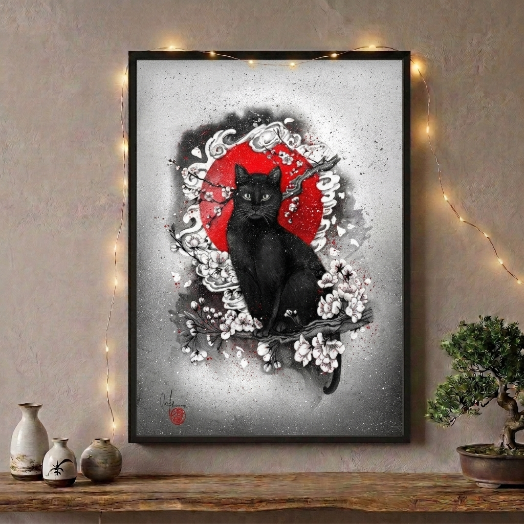 Black Cat Japanese Painting