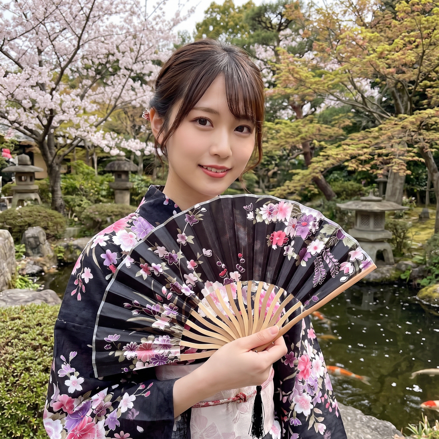 Black Flowered Japanese Fan