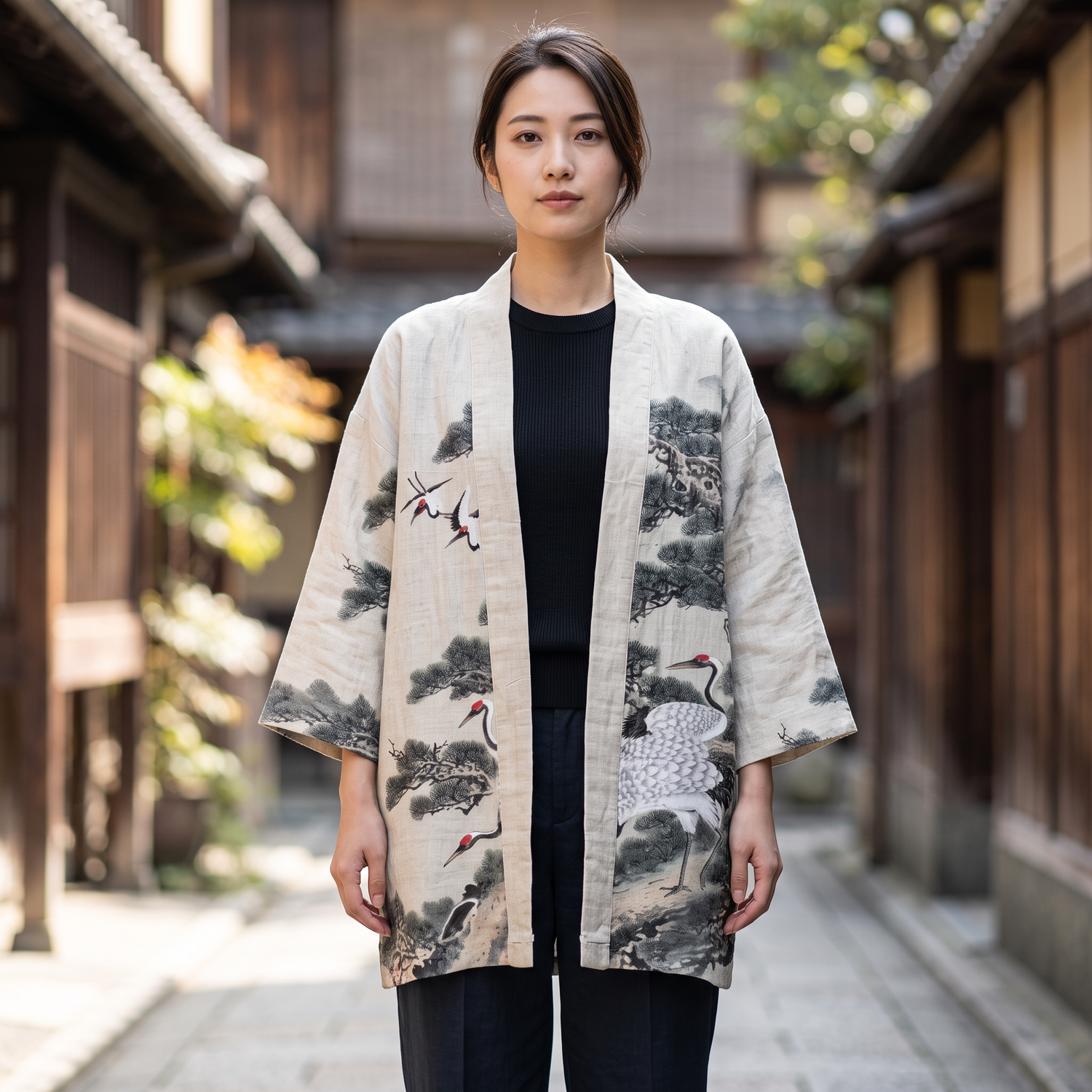 Crane Pattern Kimono Cardigan