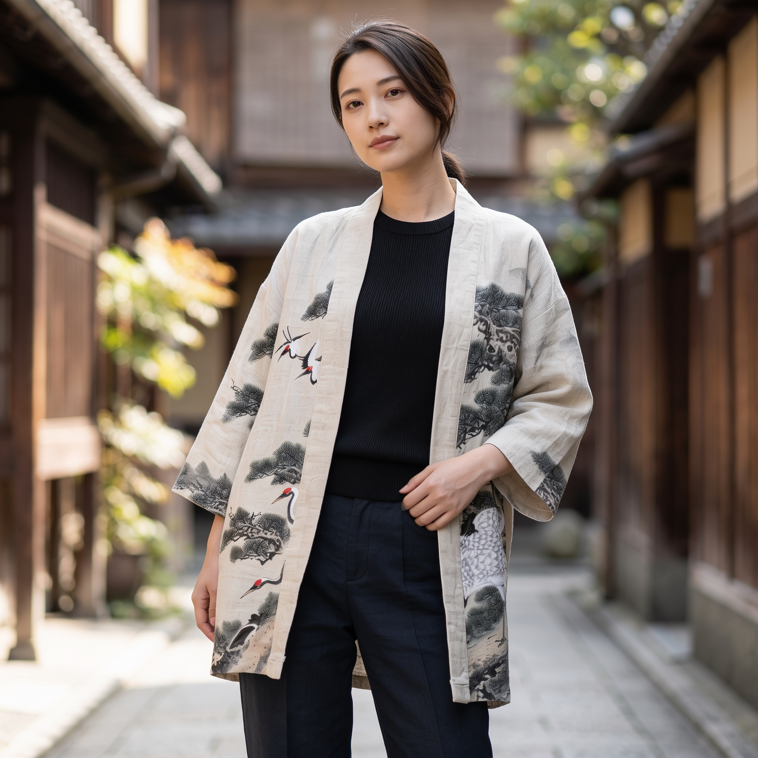 Crane Pattern Kimono Cardigan