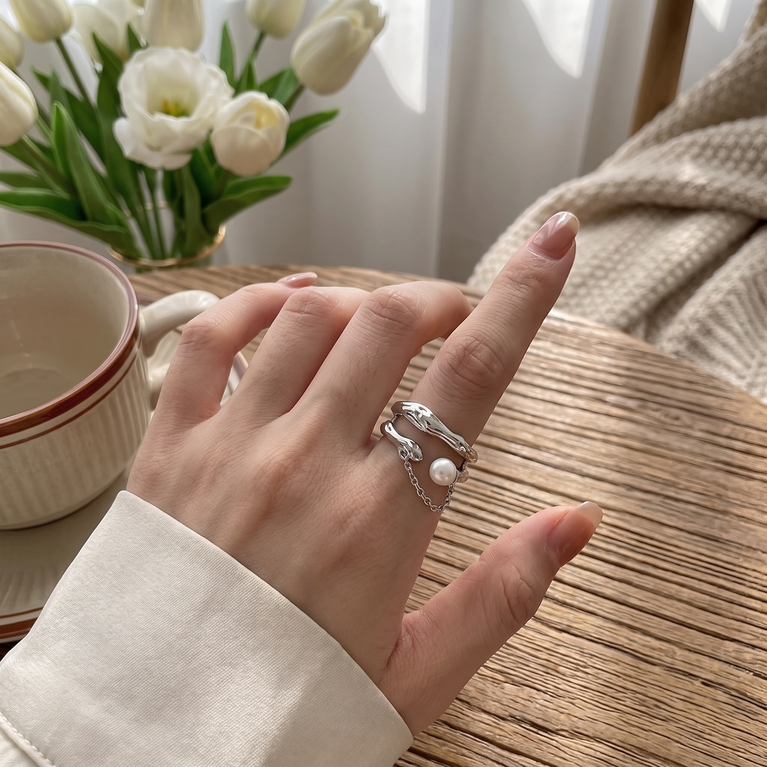 Silver Pearl Chain Ring