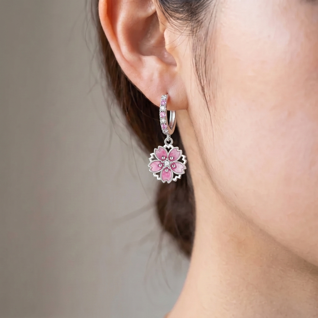 Silver Pink Flower Japanese Earrings