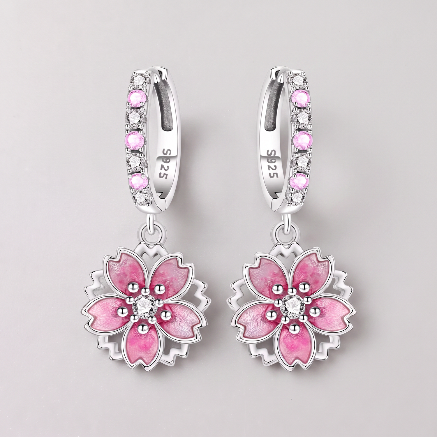 Silver Pink Flower Japanese Earrings
