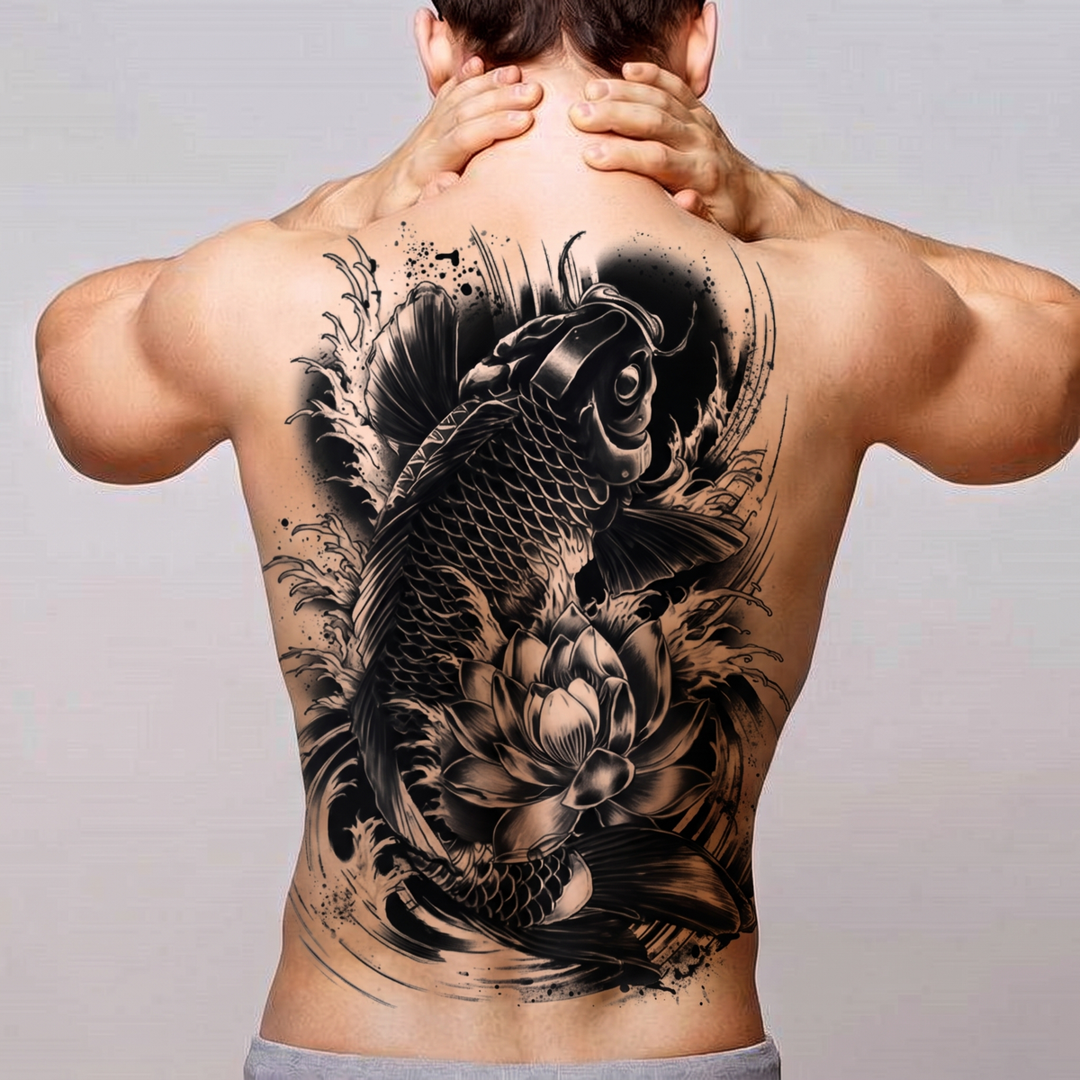 Japanese Koi Fish Back Tattoo