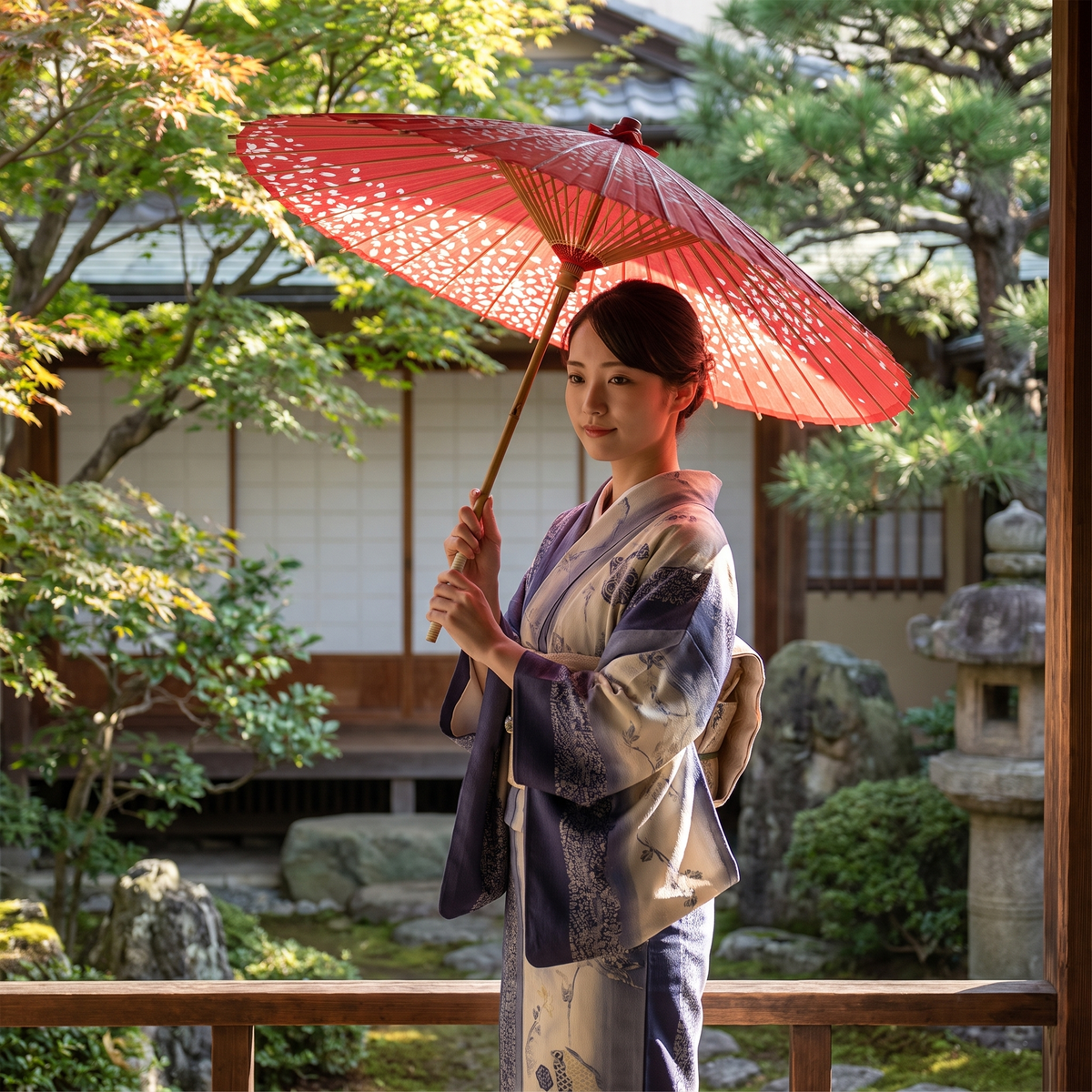 Red Sakura Petal Japanese Parasol