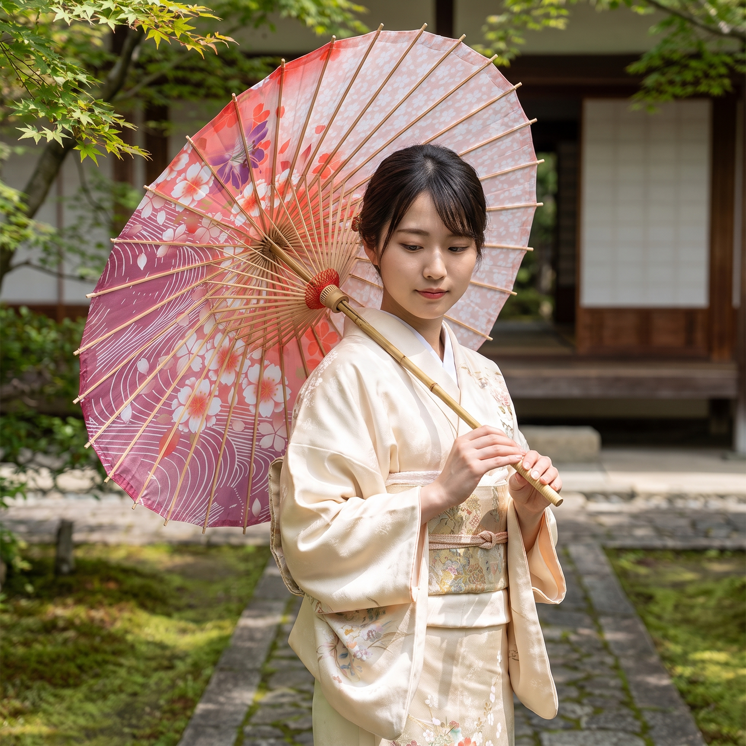 Japanese-Style Pink Floral Umbrella