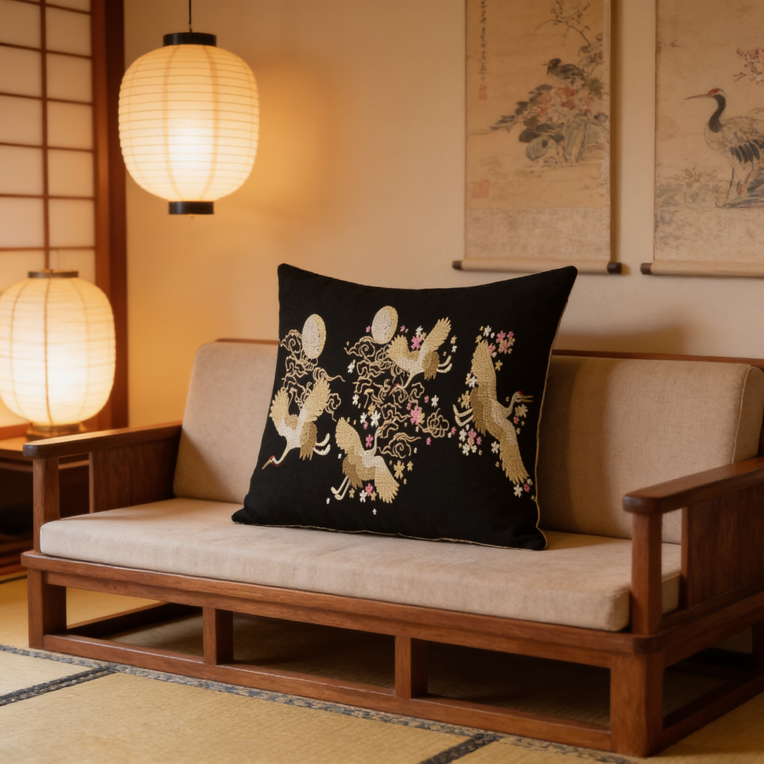 Black Crane Cushion Cover