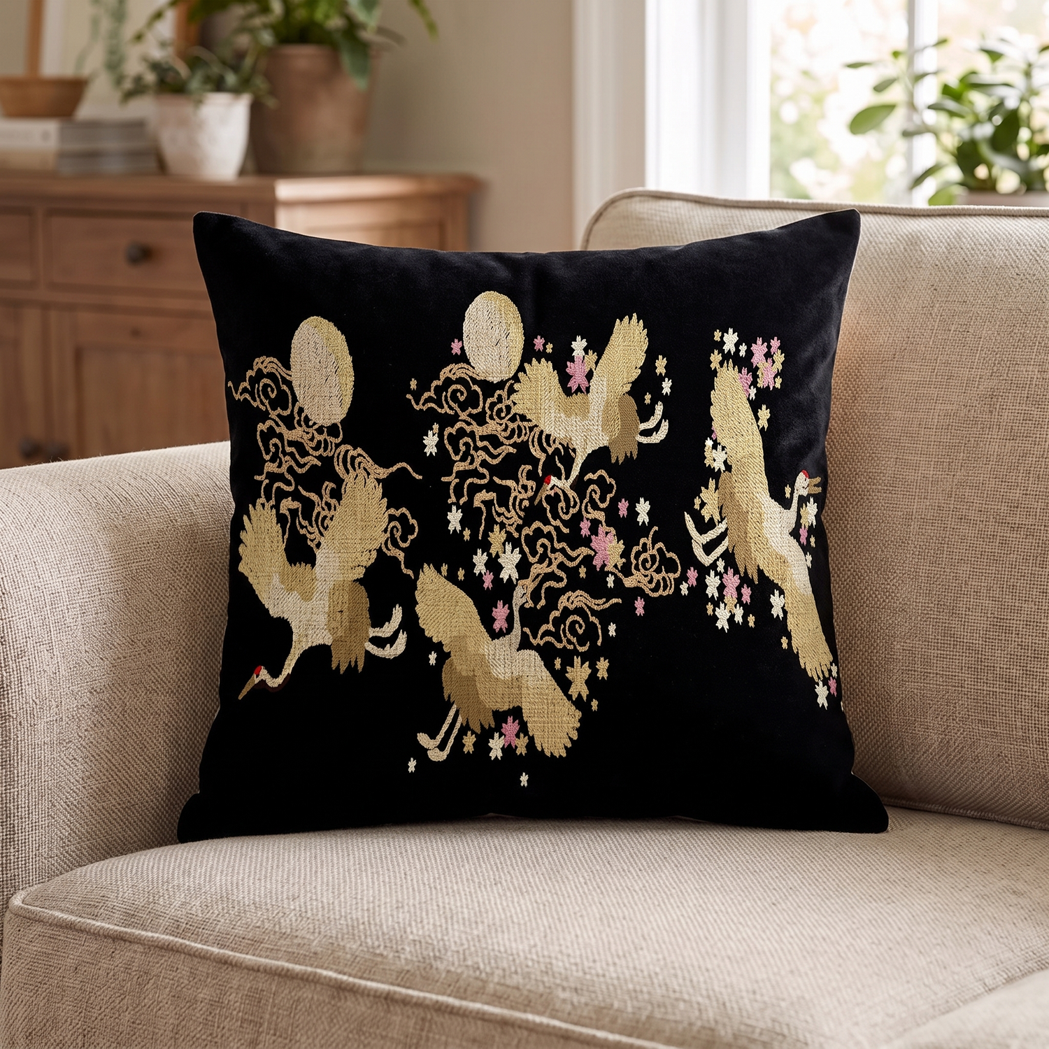 Black Crane Cushion Cover