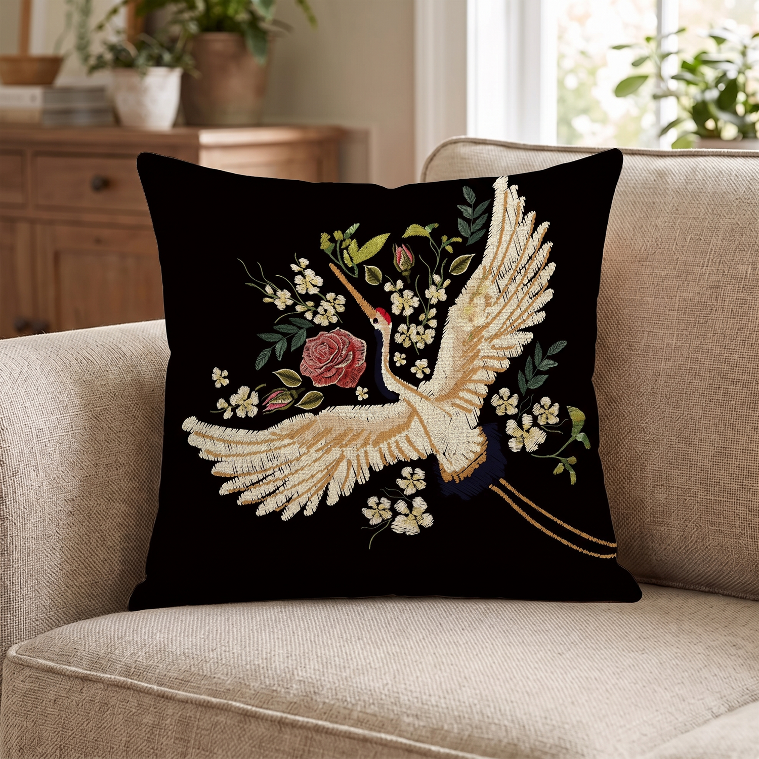 Crane Print Cushion Cover