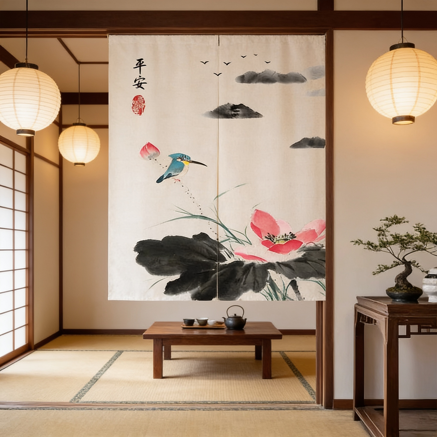 Japanese Flower Noren Curtain