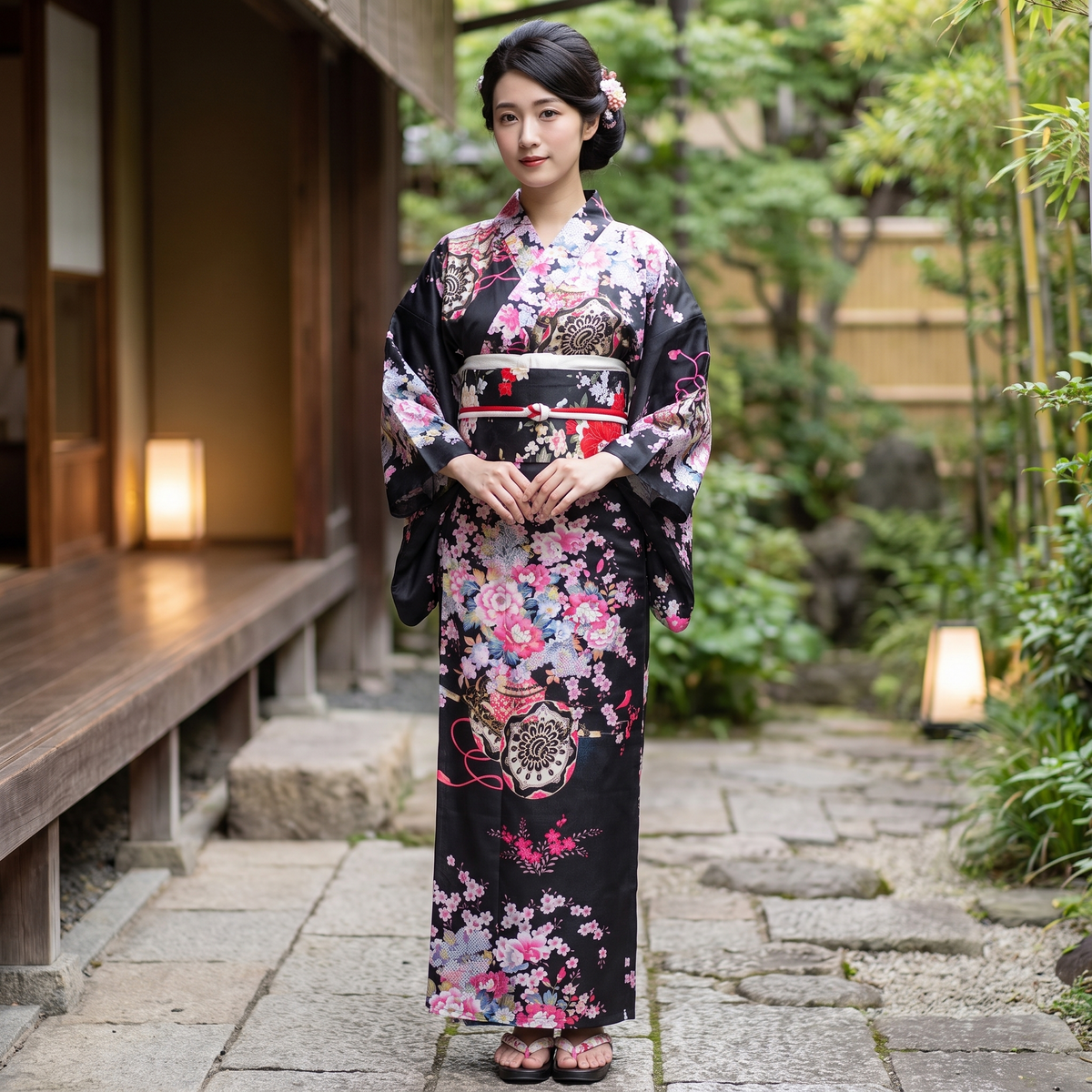 Black Floral Womens Yukata