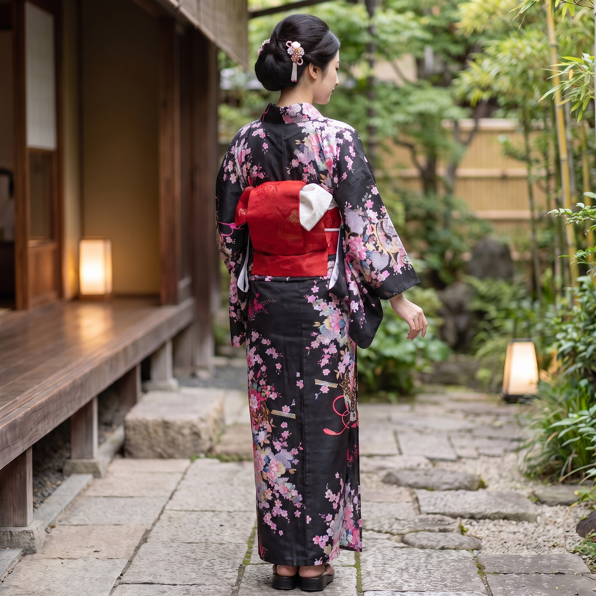 Black Floral Womens Yukata