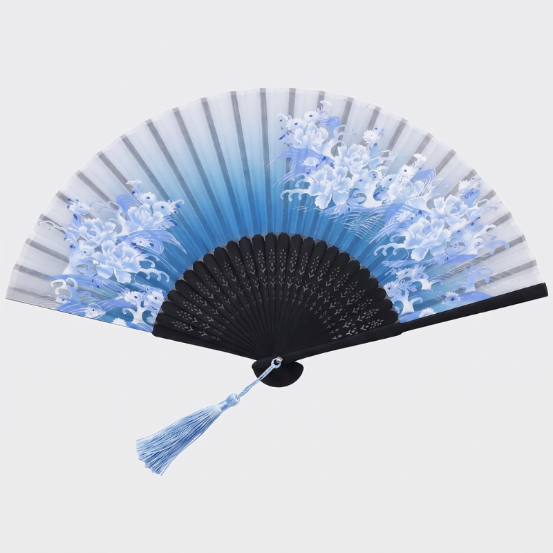 Blue Japanese Floral Fan