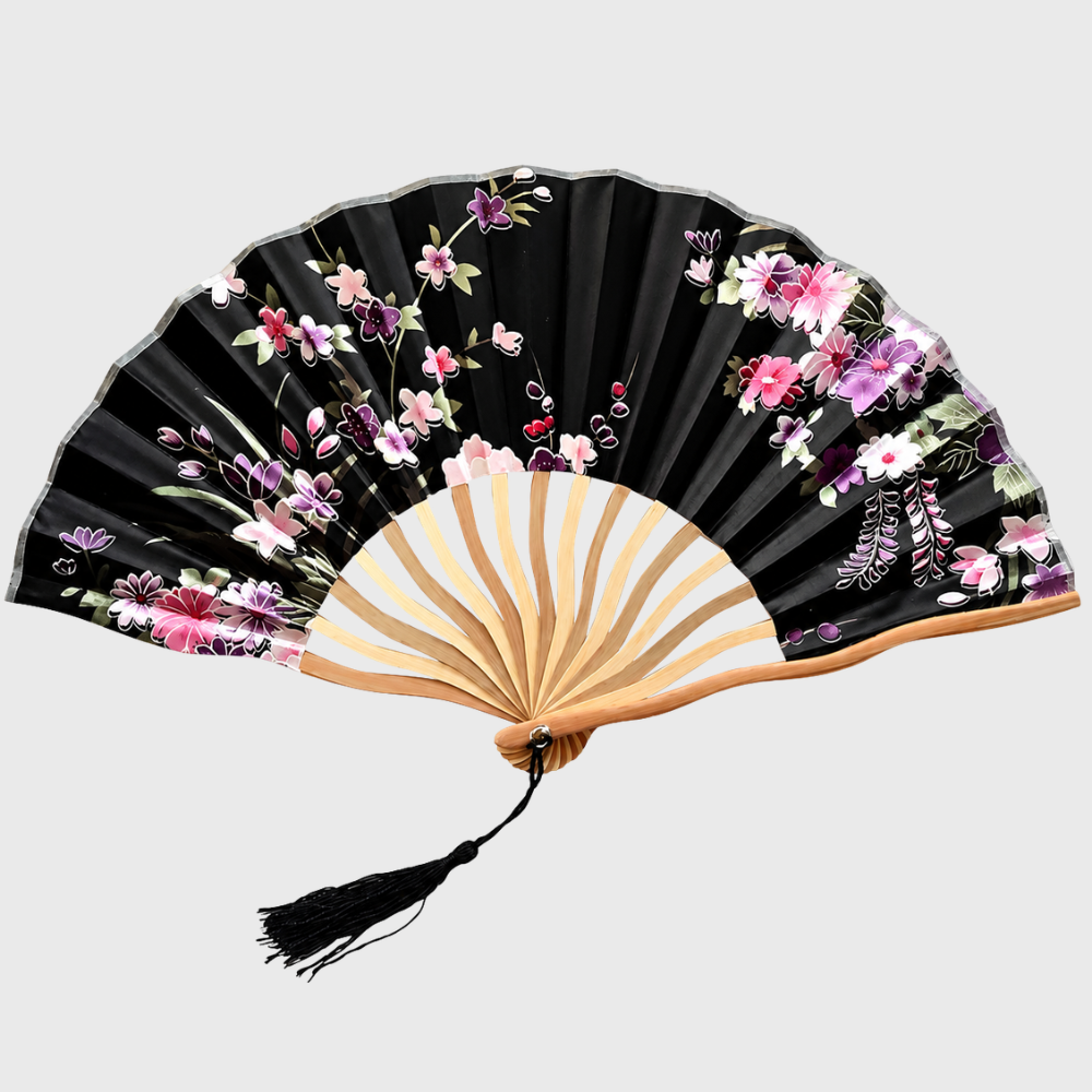 Black Flowered Japanese Fan
