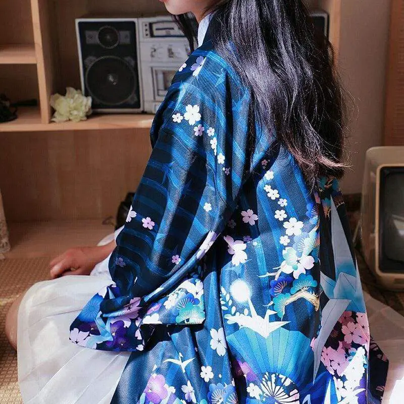 Blue Pink Flowers Haori Women | Japanese Temple