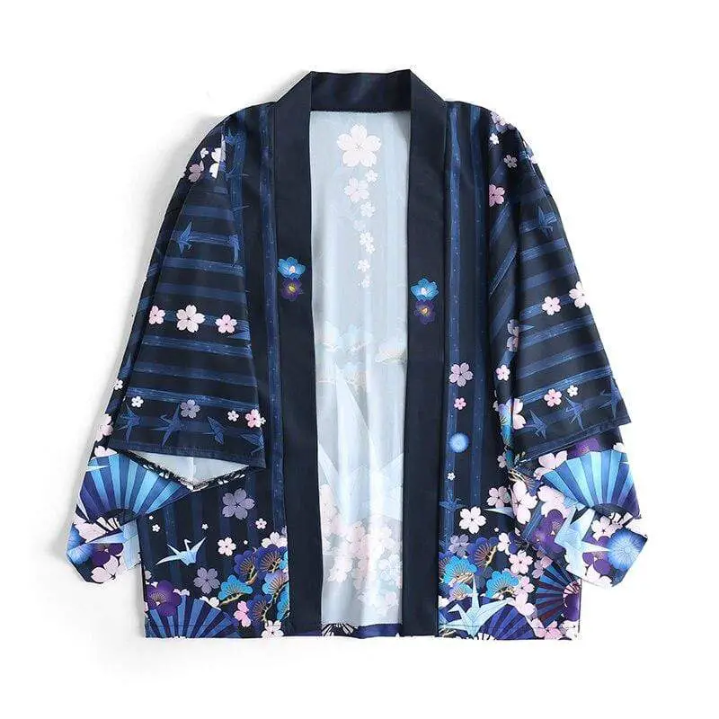 Japanese Blue Fans Black Men's Haori Yukata Kimono Jacket