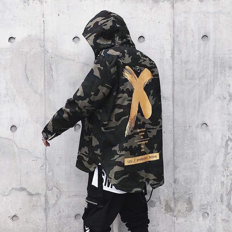 Camouflage Jacket Men Coats High Street Ribbon Patchwork Cotton Men X Print Bomber Coat Autumn Harajuku Pilot Flight Jacket