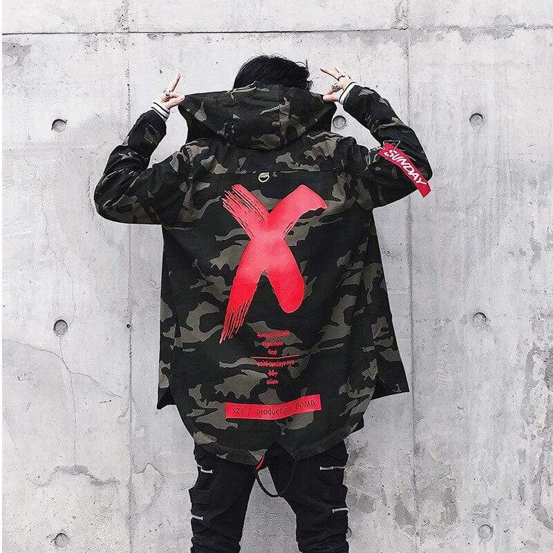 Camouflage Jacket Men Coats High Street Ribbon Patchwork Cotton Men X Print Bomber Coat Autumn Harajuku Pilot Flight Jacket