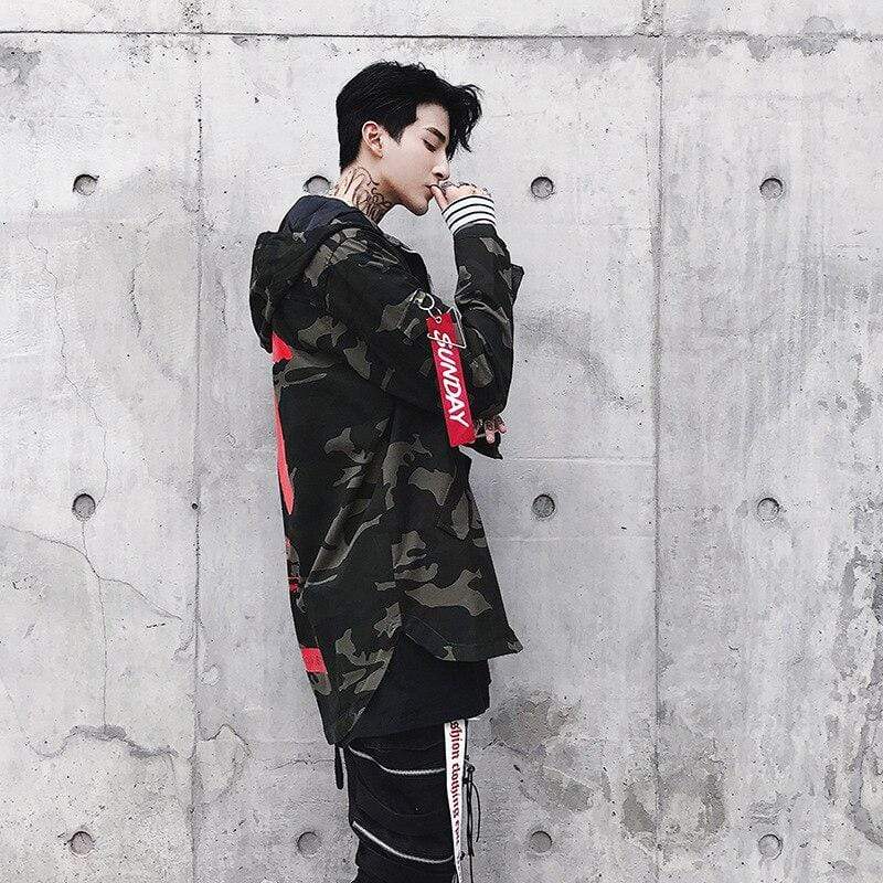 Camouflage Jacket Men Coats High Street Ribbon Patchwork Cotton Men X Print Bomber Coat Autumn Harajuku Pilot Flight Jacket
