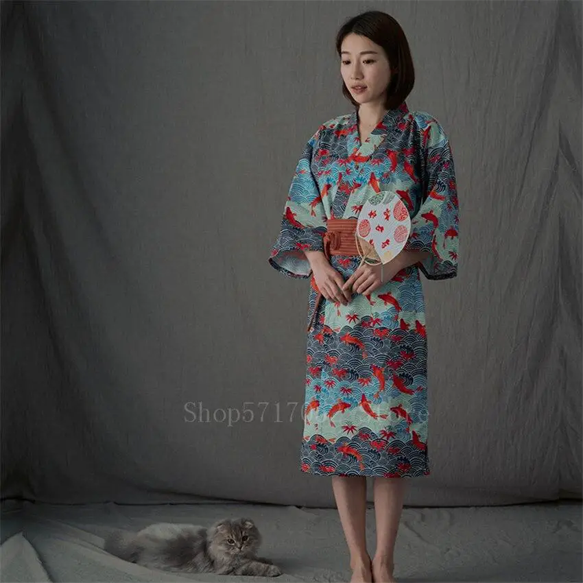 Copie de Copie de Womens Yukata - KAyobi & Foxtume Check Japanese Crane Cotton Kimono Dress Vintage Woman Traditional Pajamas Carp Men Haori Nightgown Sleepwear Yukata Belt Clothes