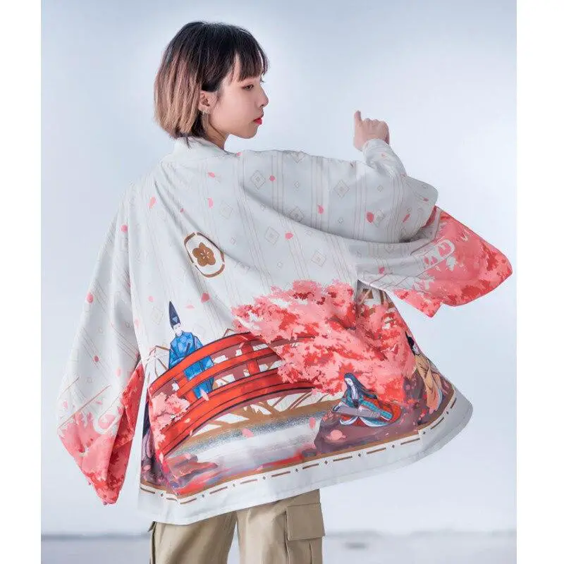 Copie de Haori Lovely Kimono Japanese Woman Printing Cherry Blossoms Cardigan Kimono Feminino Mujer 2020 Japanese Streetwear Cosplay Clothing
