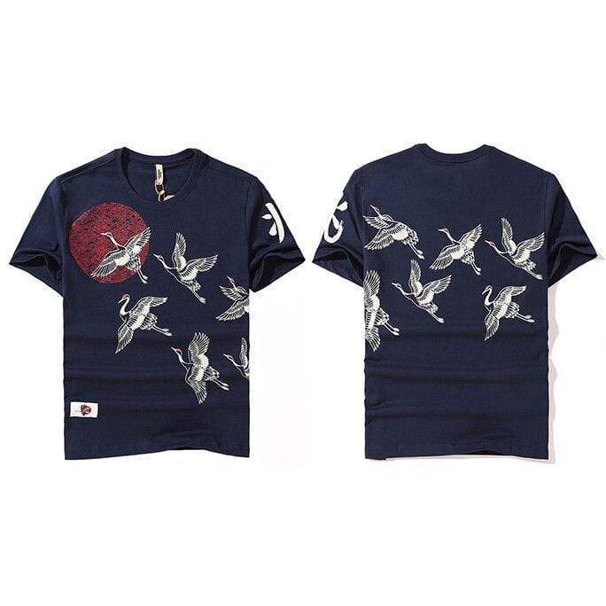 般若　One Verse CRANE PATTERNNELL L/S SHIRT Crowned Crane Japanese T-Shirt | Japanese Temple