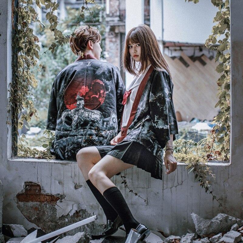 Haori Red Moon Kimono Japanese Women 2020 Print Warrior Cardigan Lovers Kimono Feminino Harajuku Chiffon Cosplay Mujer Blouse Kimono