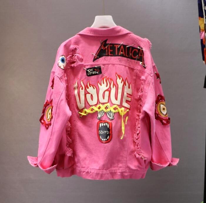 Red / Yellow Jeans Jacket New Spring Autumn Women's Graffiti Alphabet Printing Lace Bow Pin Hole Denim Coat Student Basic Coat