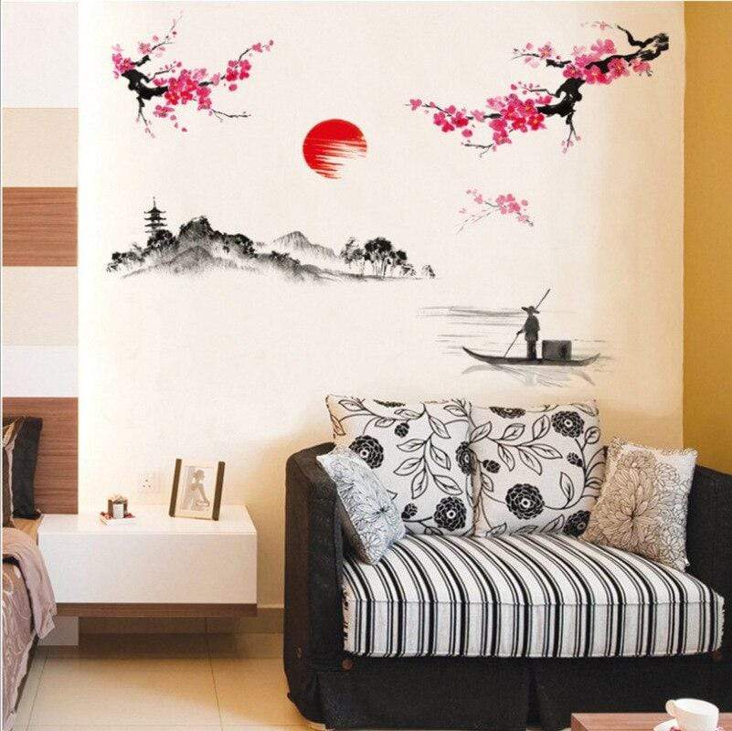 Japanese Wall Decals - [eternal japon] Chinese Style Sakura Japanese Pink Cherry Blossom Tree Decor Wall Sticker Decor