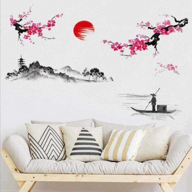 Japanese Wall Decals - [eternal japon] Chinese Style Sakura Japanese Pink Cherry Blossom Tree Decor Wall Sticker Decor