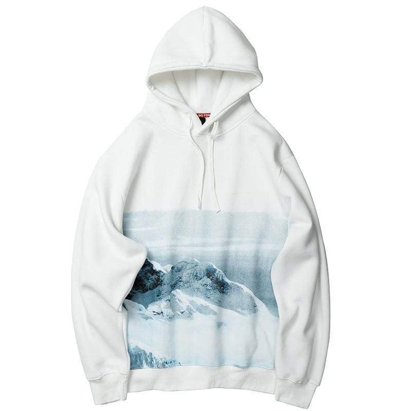Men Hip Hop Hoodie Sweatshirt Streetwear Snow Mountain Print Pullover Harajuku Cotton Casual Hooded Hoodie Sweat Shirt White