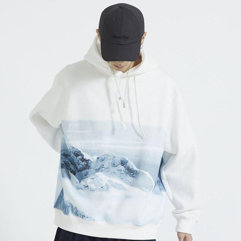 Men Hip Hop Hoodie Sweatshirt Streetwear Snow Mountain Print Pullover Harajuku Cotton Casual Hooded Hoodie Sweat Shirt White