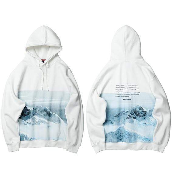 Men Hip Hop Hoodie Sweatshirt Streetwear Snow Mountain Print Pullover Harajuku Cotton Casual Hooded Hoodie Sweat Shirt White