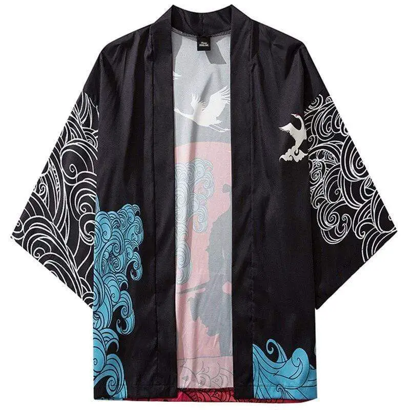 Men's vintage traditional japanese samurai kimono black silk
