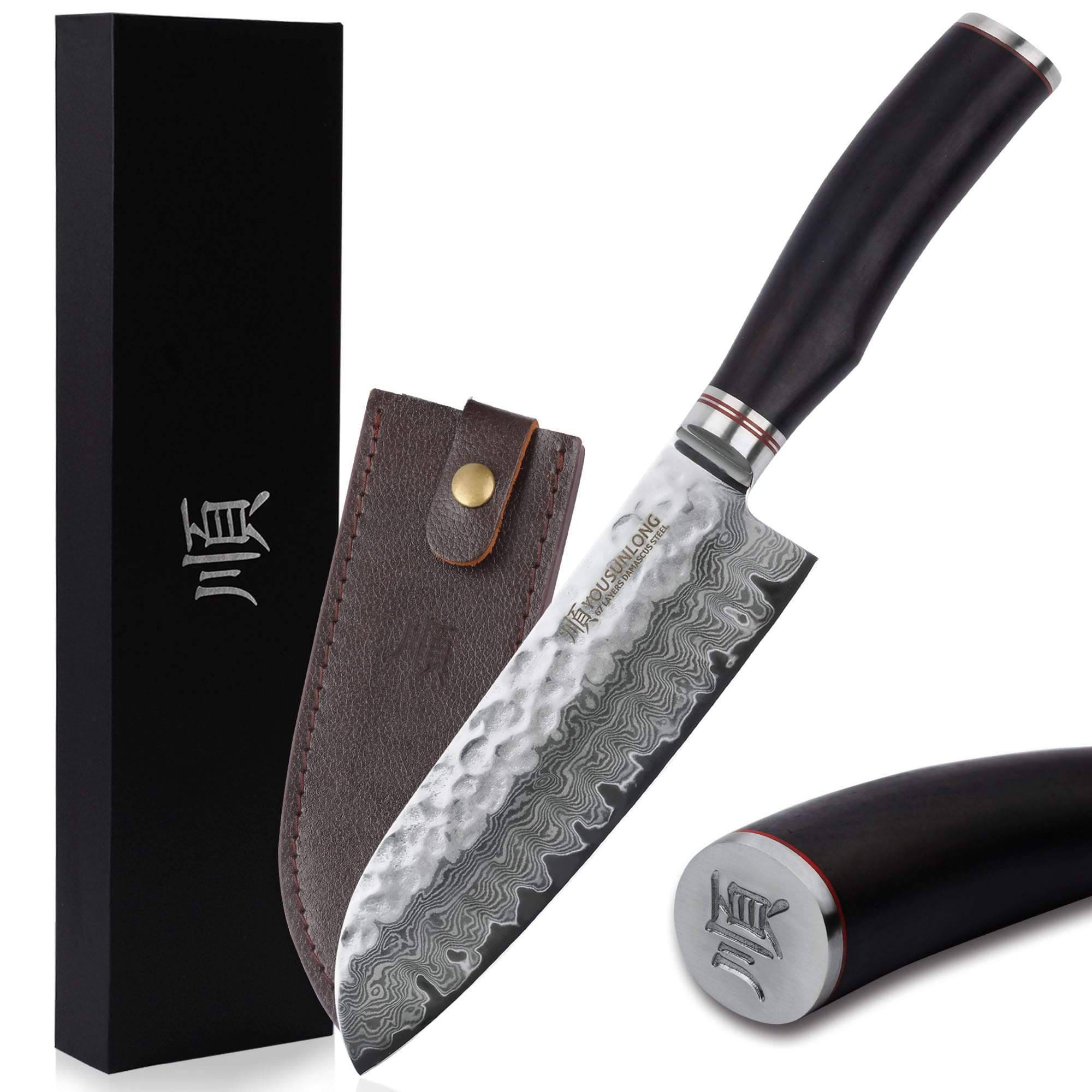 YOUSUNLONG Santoku 7 inch Pro Chef Knife Japanese VG10 Hammered Damascus Natural Ebony Wood Handle with Leather Sheath